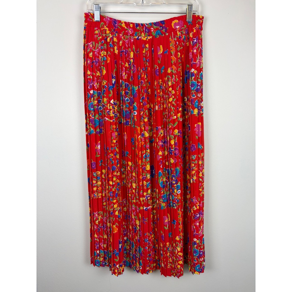 IB Diffusion Skirt 8 Red Floral Accordion Pleated Maxi Vintage 90s Cottagecore